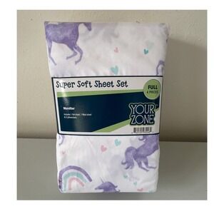 Your Zone Super Soft Full Sheet Set Unicorn Rainbow Hearts 4pc Polyester